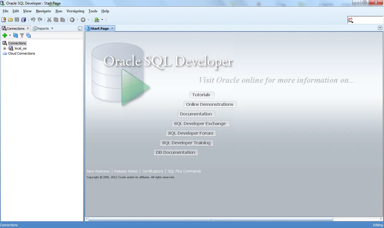Oracle SQL Developer running on Windows — the Start Page and the Connections panel in the main window